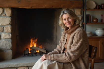 Femme d'âge moyen près de la cheminée en laine