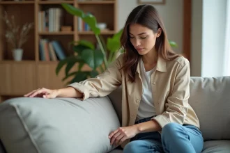 Femme assise sur un canapé moderne dans un salon cosy