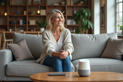 Femme assise sur un canapé avec un assistant vocal dans un salon moderne