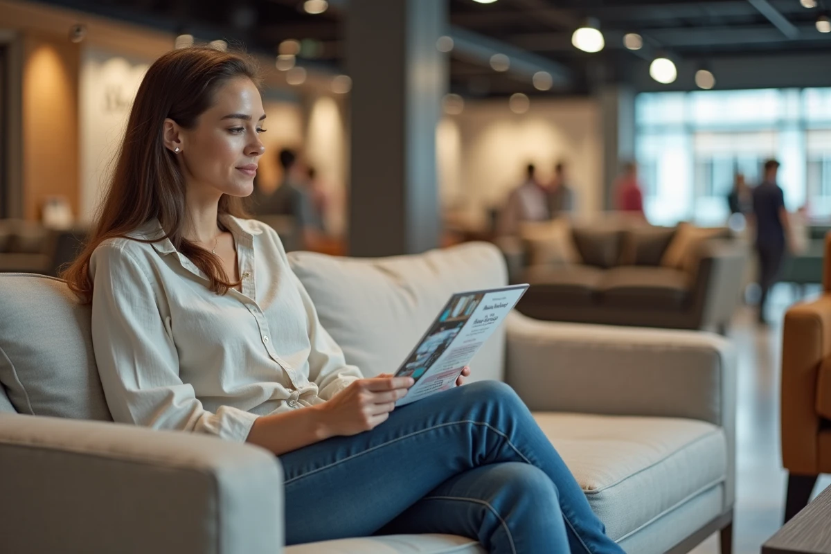 Femme assise sur un canapé dans un magasin de meubles consultant une brochure d'avis clients, ambiance détendue et réaliste d'un showroom contemporain