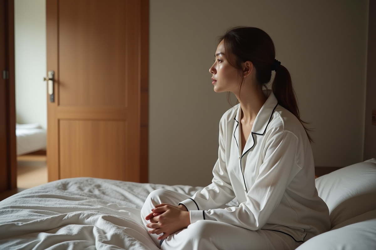 Femme en pyjama assise pensivement près de la porte