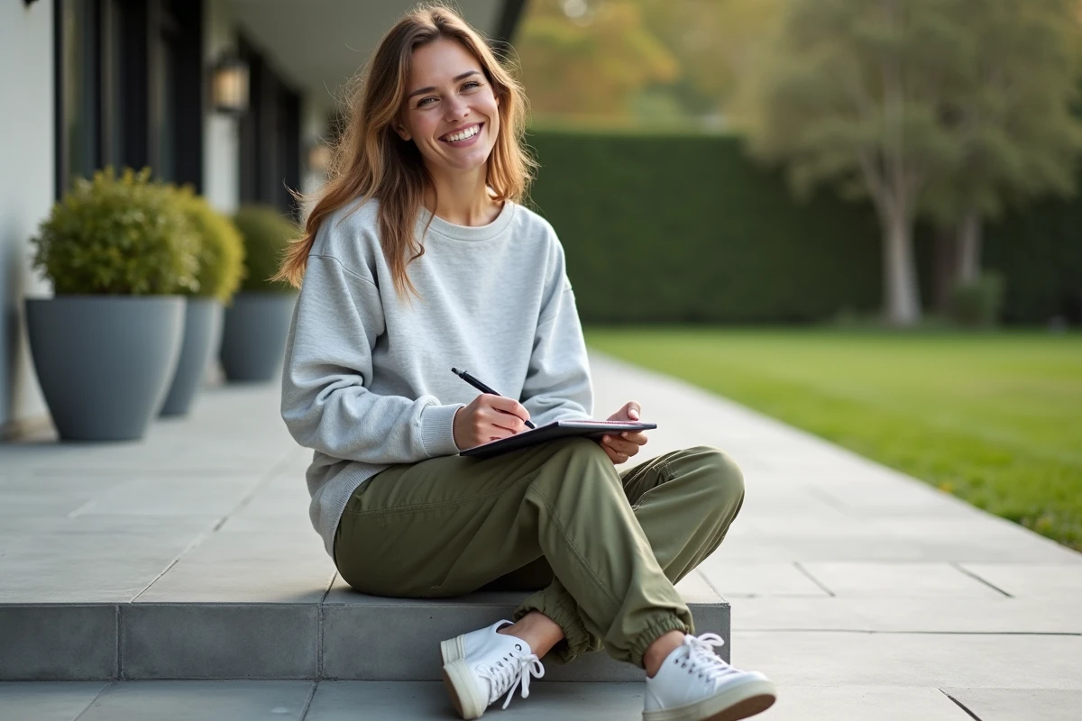 Jeune femme assise sur une terrasse en béton avec un carnet