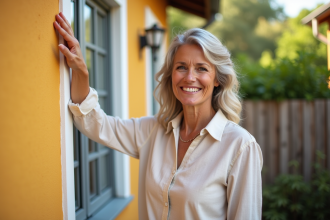 Femme souriante touchant la façade peinte de sa maison