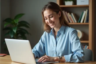 Femme souriante travaillant sur un ordinateur dans un bureau à domicile