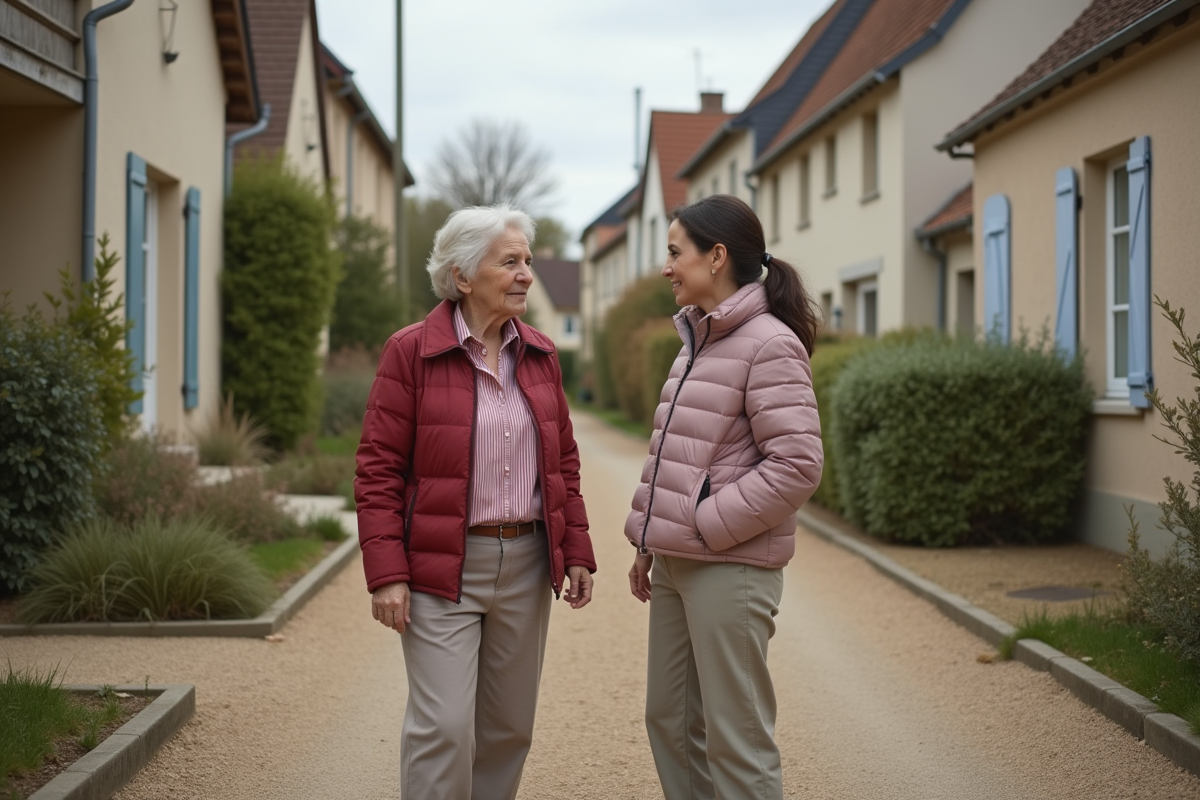 Deux femmes discutant dans leur jardin en village français