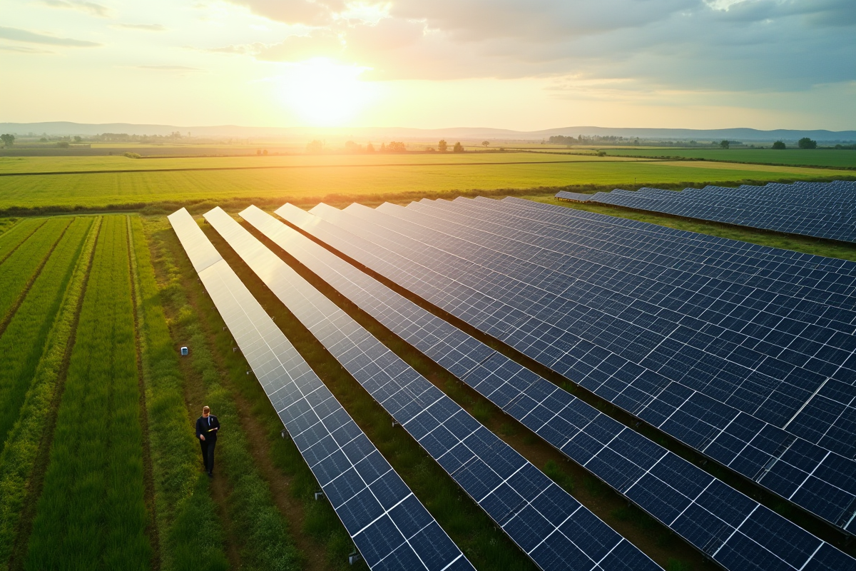 Vue aérienne d une ferme solaire dans la campagne avec un personne mesurant