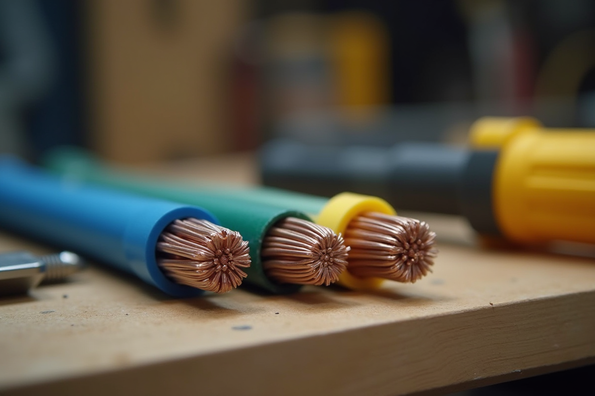 Fils électriques colorés sur un plan de travail avec outils