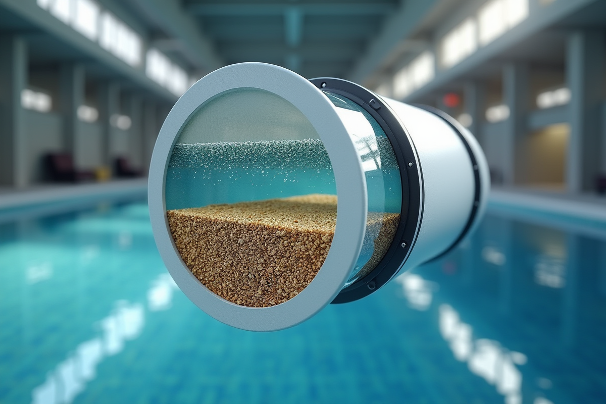 Filtre à sable pour piscine avec coupe montrant couches de sable