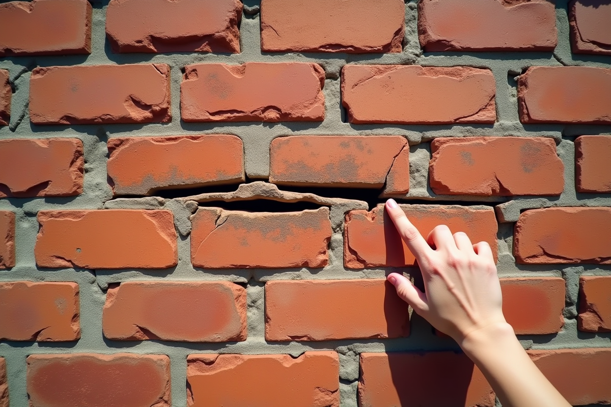 Fissure importante sur un mur extérieur en briques avec main