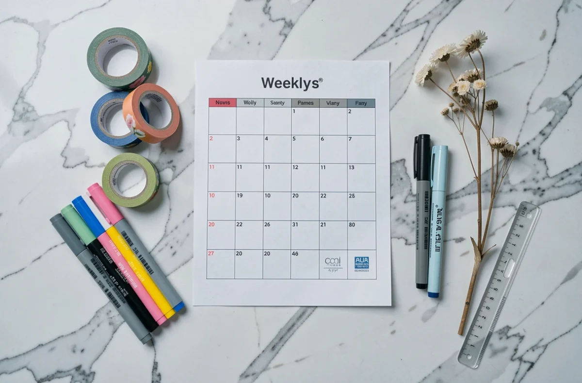 Flat lay d'un semainier imprimé entouré de washi tapes, stylos et fleurs séchées sur marbre blanc pour personnalisation créative