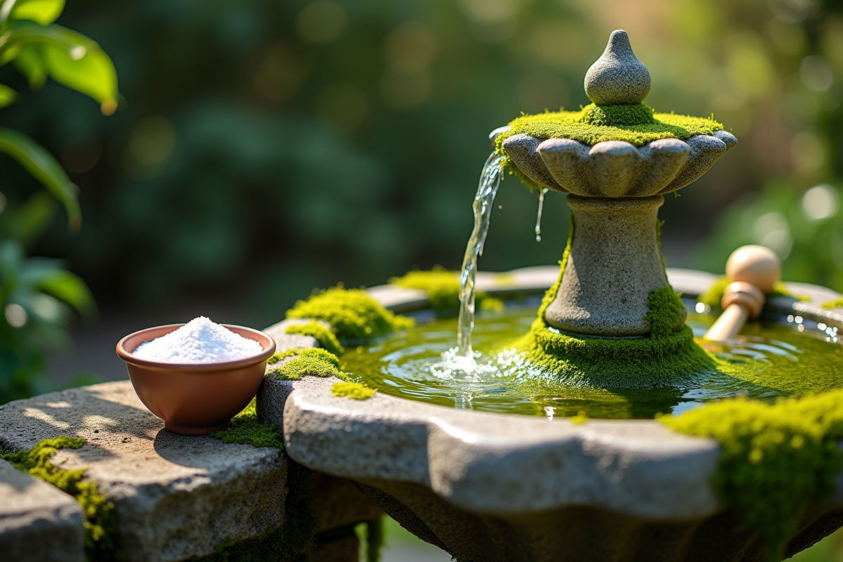Fontaine de jardin avec algues et bicarbonate à côté