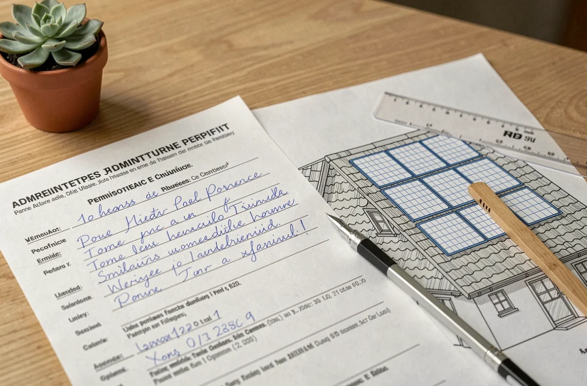 Gros plan sur un formulaire de déclaration préalable de travaux rempli pour des panneaux solaires avec plan technique