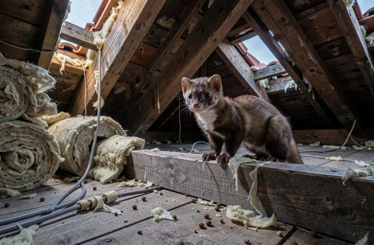 Fouine sauvage repérée dans les combles d'une maison avec traces de dégâts sur l'isolation