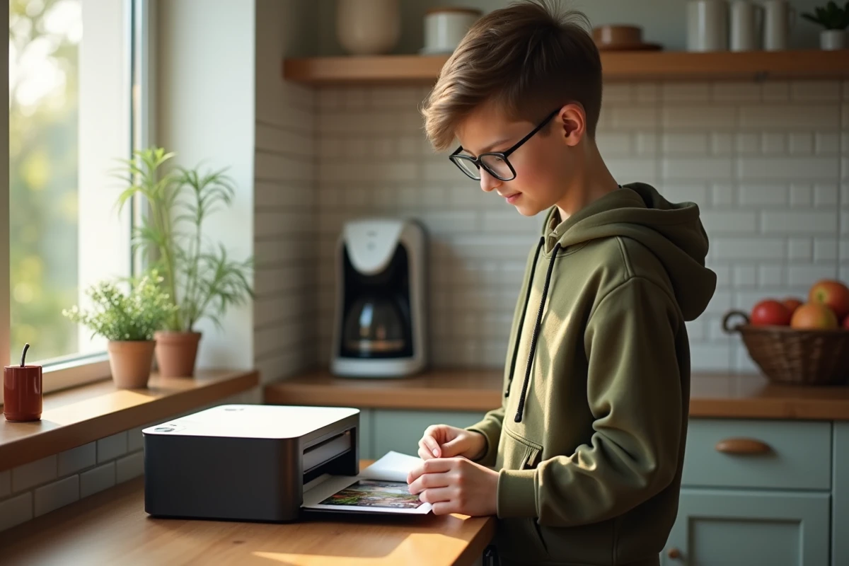 Adolescent chargeant photo dans une imprimante domestique