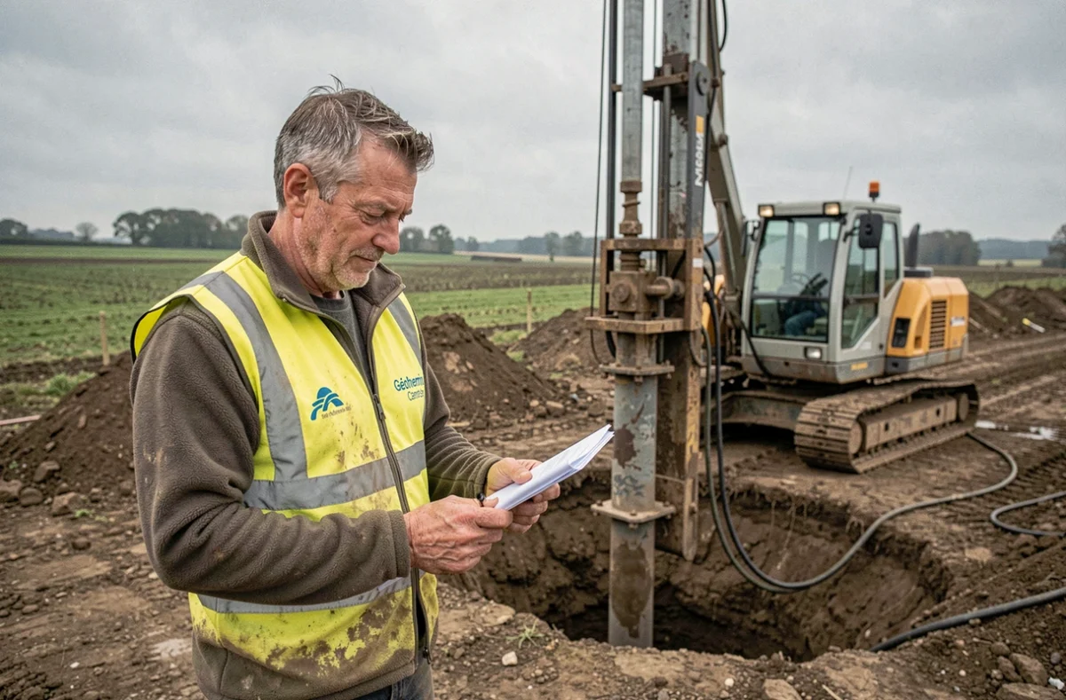Expert de Géothermie Centre supervisant le forage pour l'installation d'une pompe à chaleur géothermique en Centre-Val de Loire