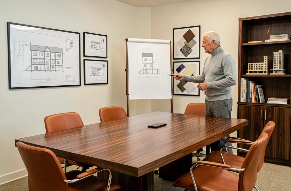 Salle de réunion d'architecture avec plans techniques encadrés et mobilier design pour G.E.R.A. - Sarl d'Architecture