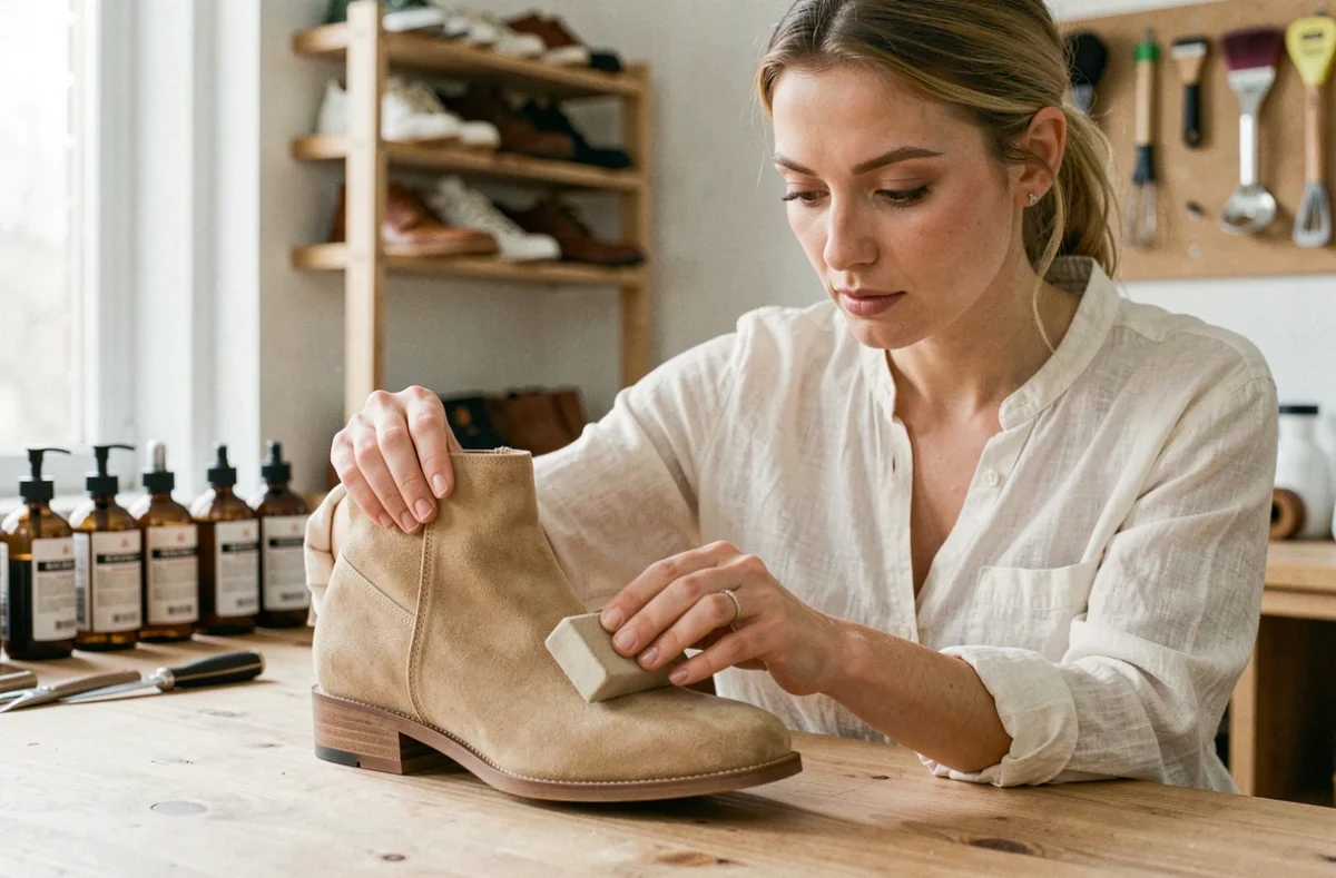 Femme utilisant une gomme à nubuck sur une bottine en daim beige posée sur un établi en bois