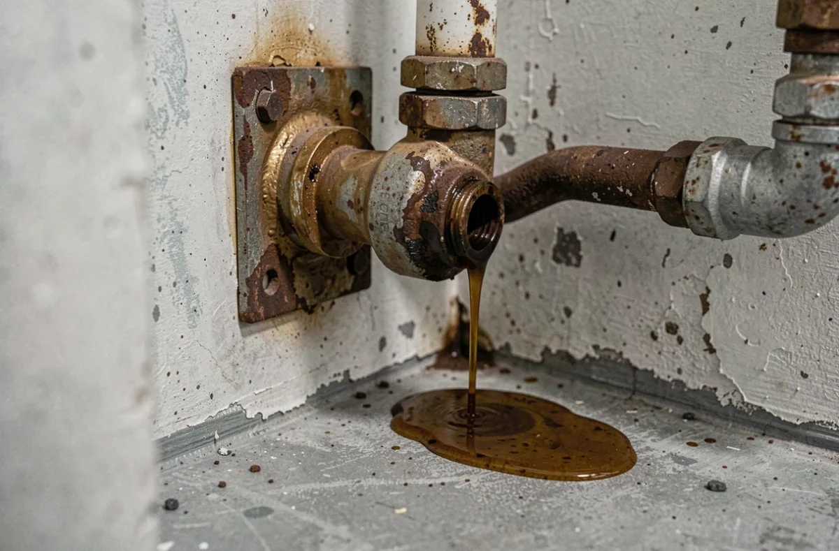 Gros plan sur une fuite de fioul avec résidu brun et corrosion sur un raccord de chaudière domestique