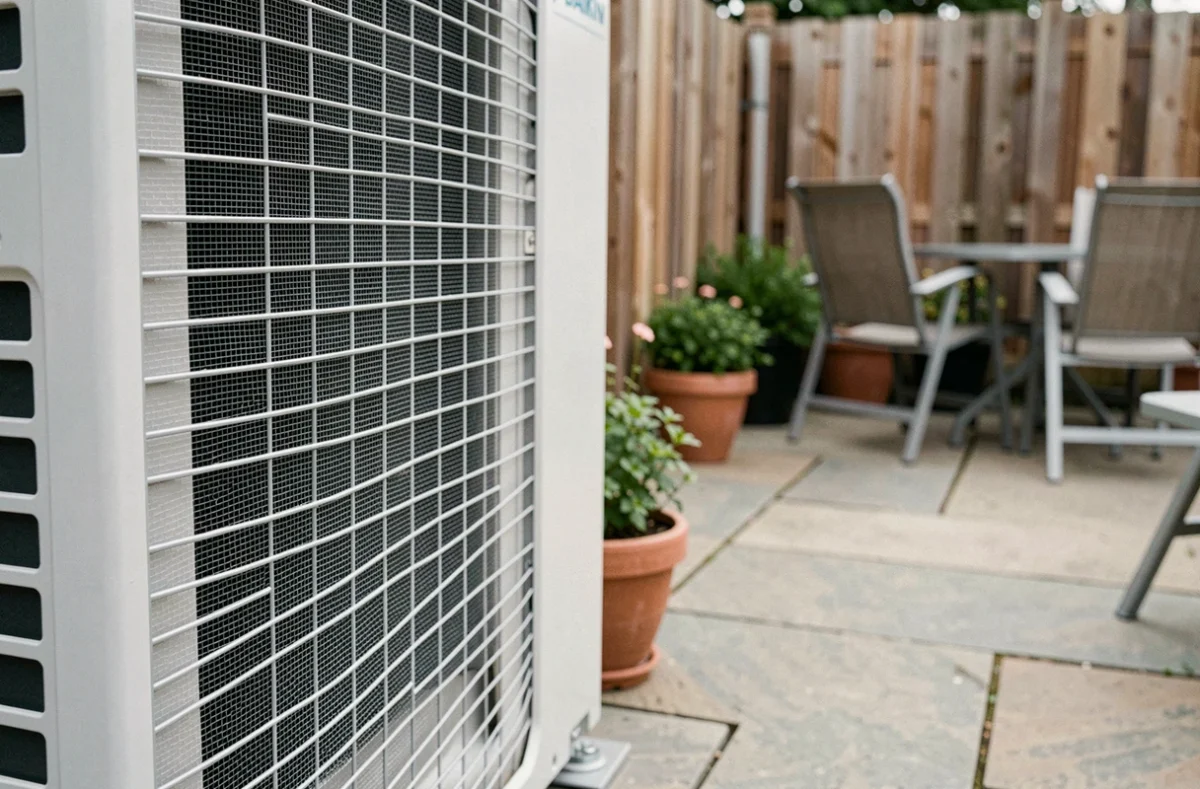 Gros plan sur la grille de ventilation d'une pompe à chaleur Daikin installée dans un patio extérieur
