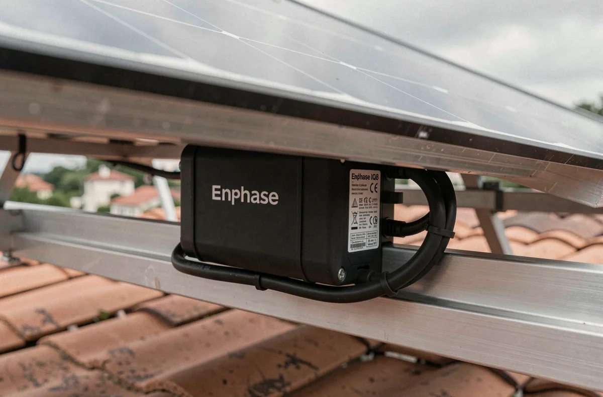 Gros plan sur un micro-onduleur Enphase IQ8 monté sous un panneau solaire de kit 3000W