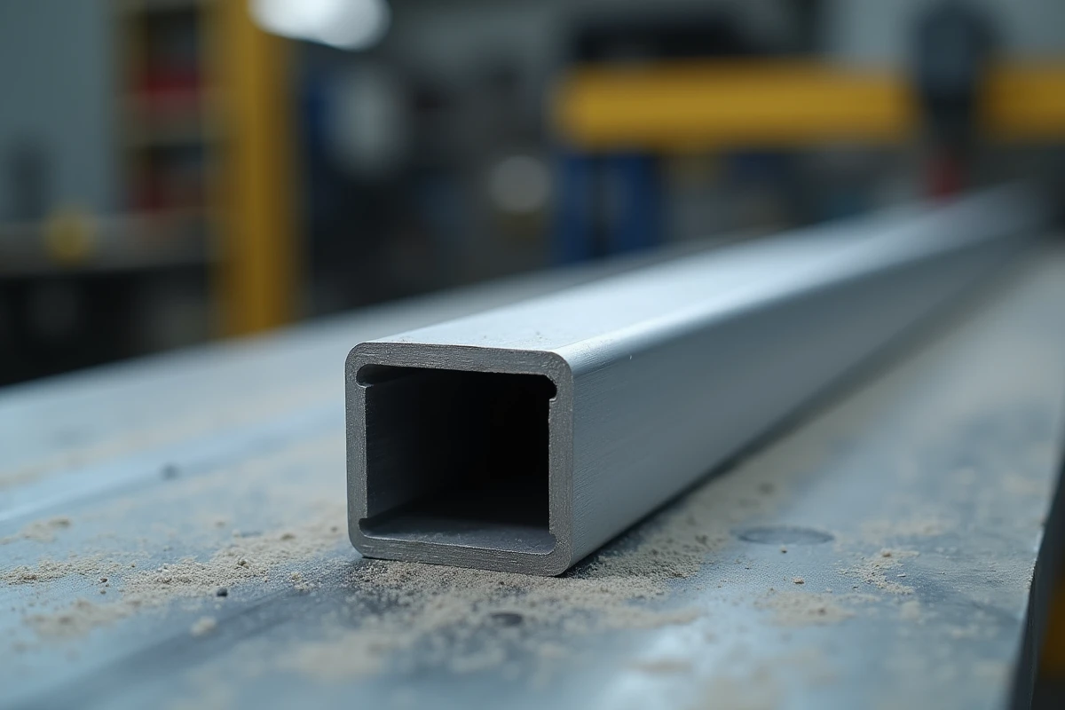 Gros plan sur la section coupée d'un tube rectangulaire en aluminium révélant l'épaisseur de paroi en atelier de métallurgie