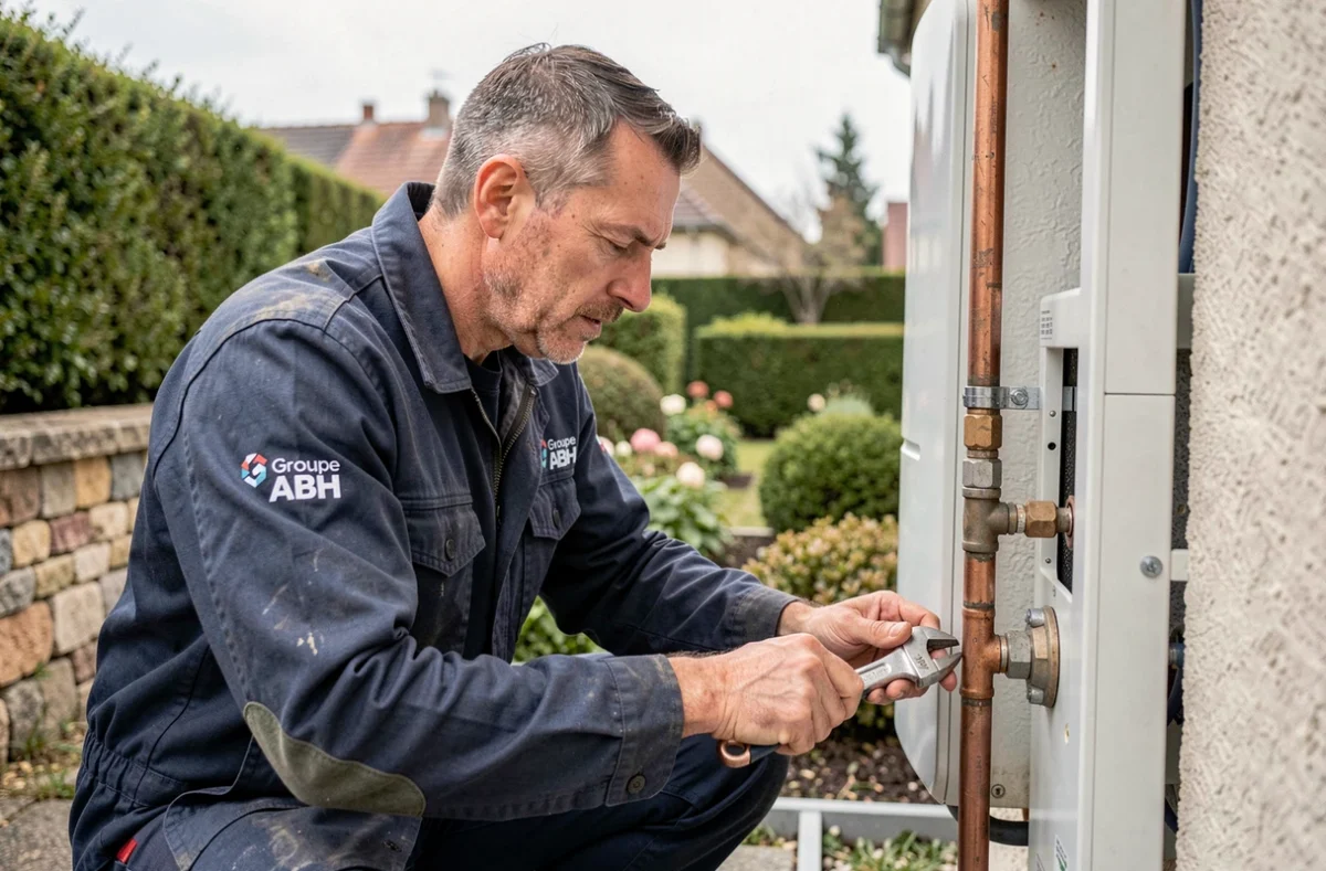 Technicien du Groupe ABH en train d'installer une pompe à chaleur dans un jardin de maison individuelle