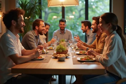 Groupe d'adultes autour d'un repas convivial dans une salle lumineuse