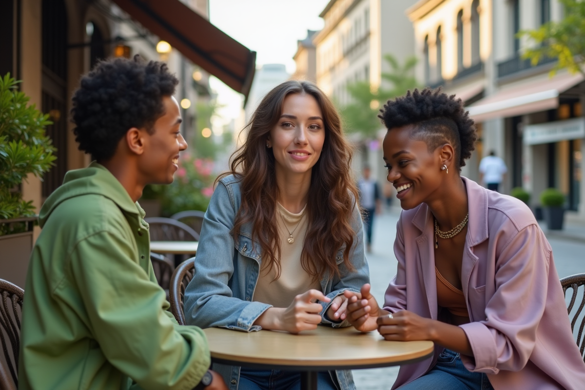 Trois jeunes adultes dans un café urbain en plein air