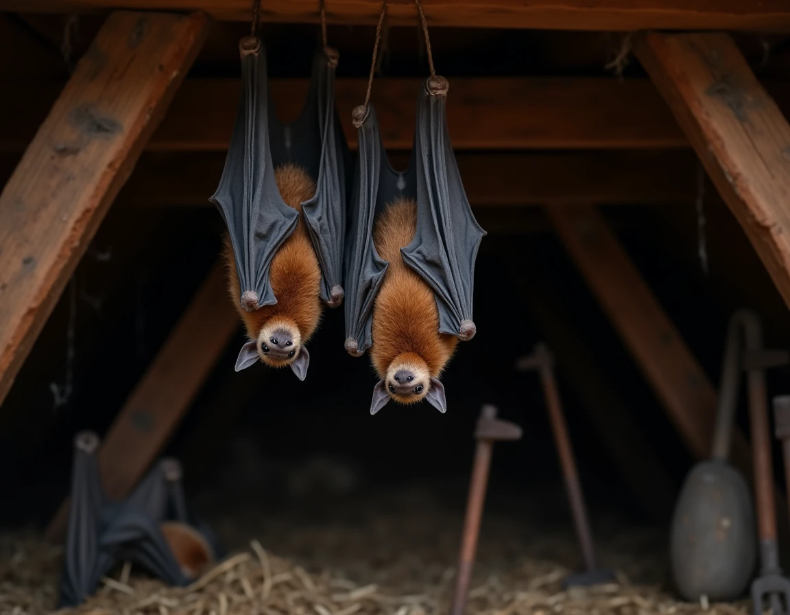 Groupe de trois chauves-souris suspendues sous les poutres d'une vieille grange, illustrant les croyances et significations symboliques liées à leur présence dans les habitations