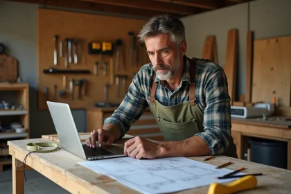 Homme consultant un tutoriel de bricolage sur ordinateur portable dans un atelier garage avec plans et outils