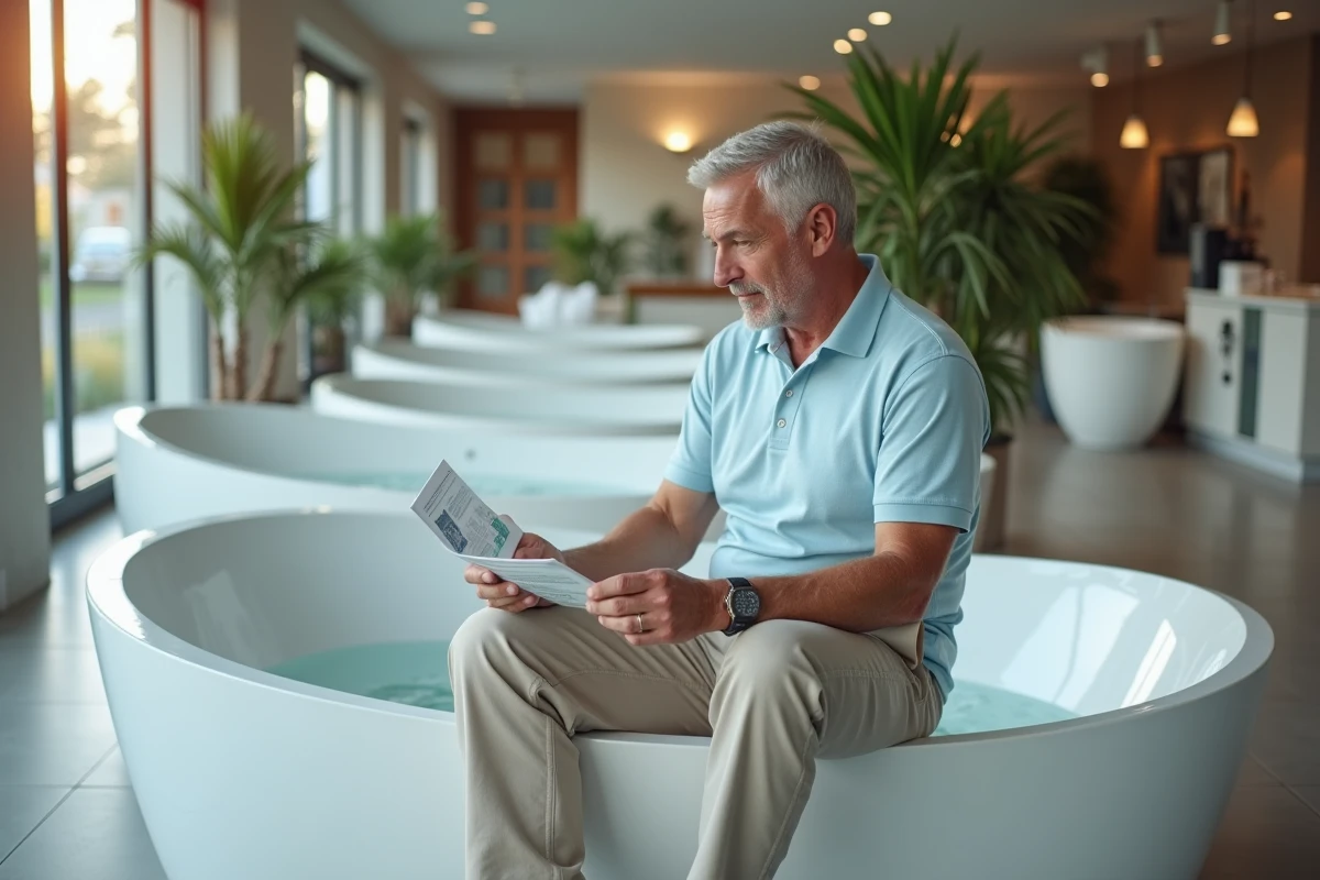 Homme regardant un guide dans un showroom de baignoires modernes