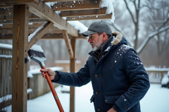 Homme nettoyant une pergola en hiver dans un jardin