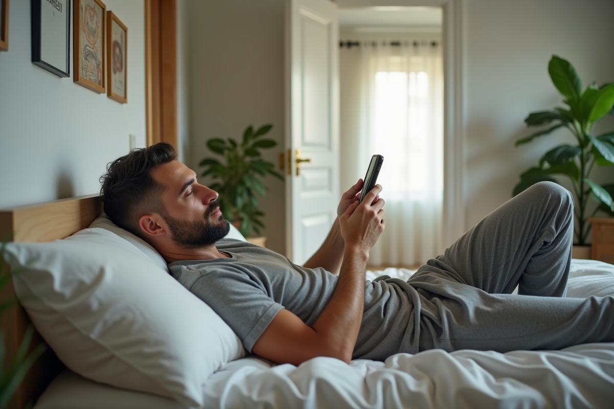 Homme allongé dans son lit vérifiant son téléphone