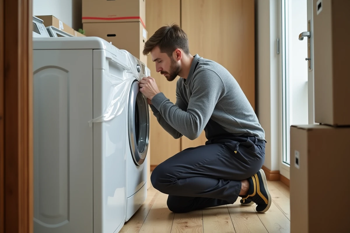 Jeune homme emballant une machine à laver avec du ruban adhésif dans un couloir