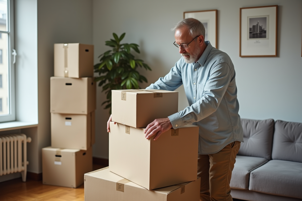 Homme empilant des cartons dans un salon organisé