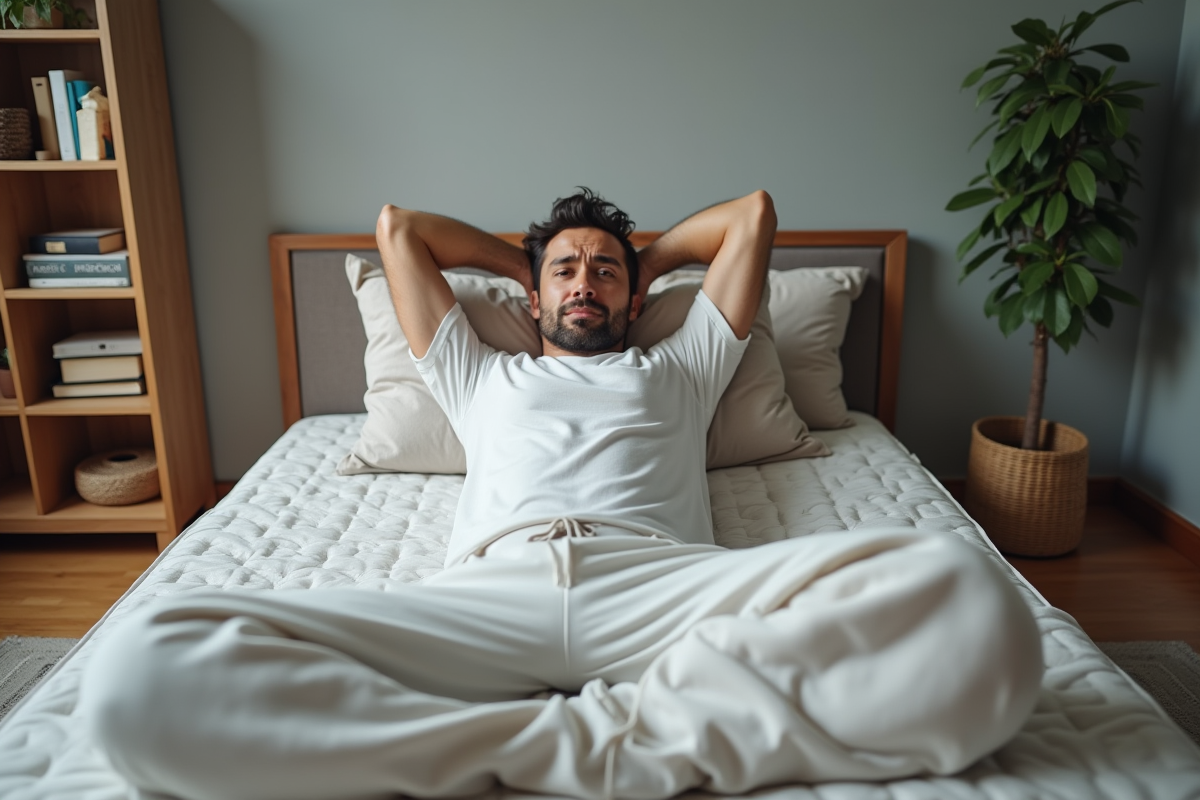 Homme allongé sur le lit en train de s’étirer