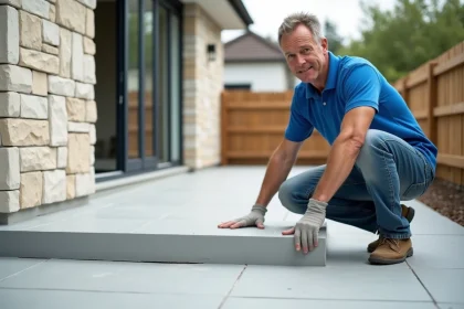 Homme en jeans et polo bleu inspectant une terrasse en b&eacute;ton fra&icirc;che