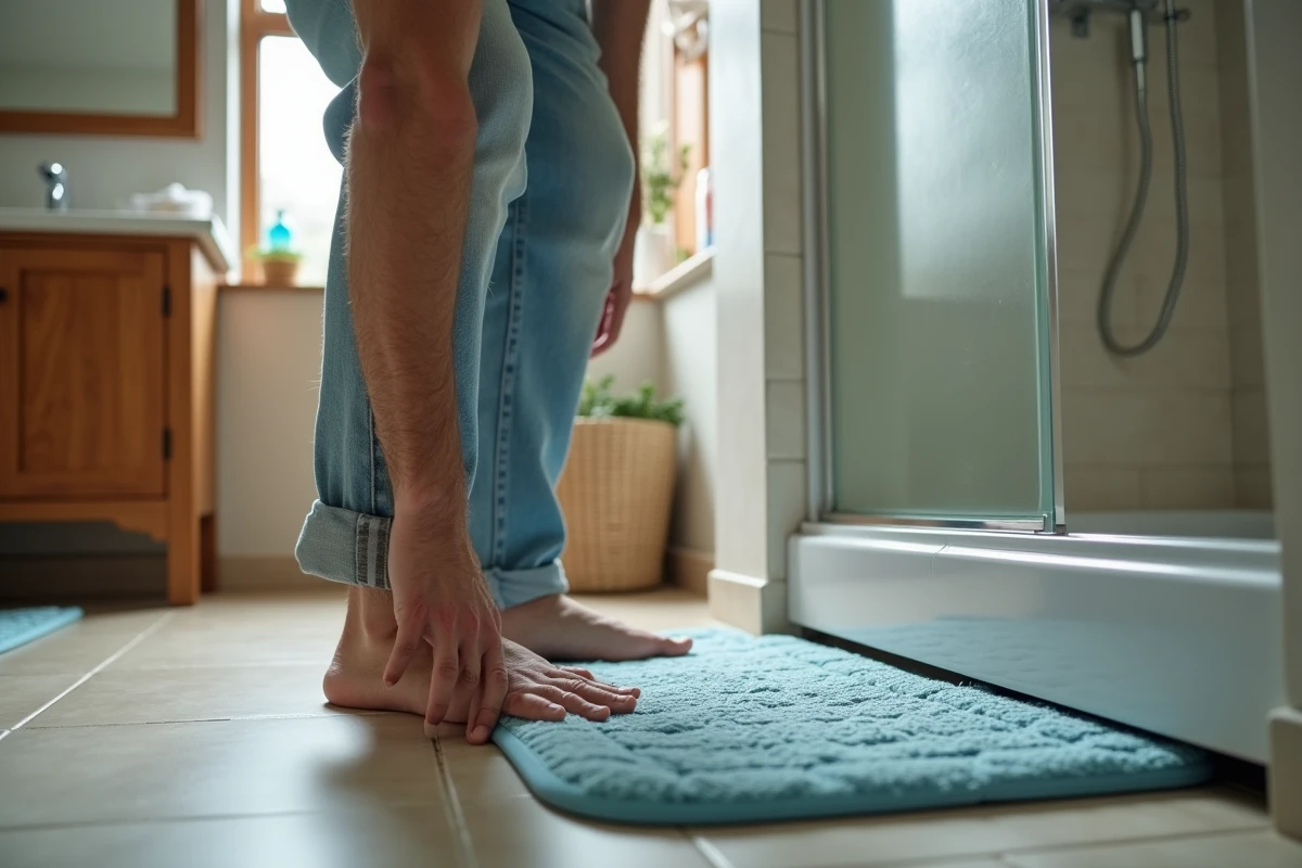 Homme âgé ajustant un tapis antidérapant dans la salle de bain