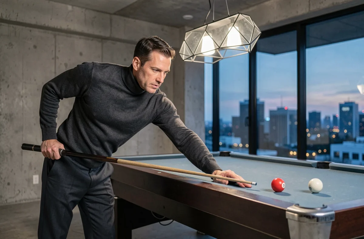 Homme élégant jouant au billard sur une table Chevillotte dans un penthouse moderne avec vue sur la ville