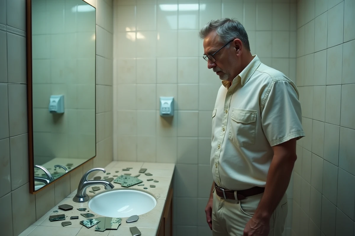 Homme regardant un miroir brisé dans la salle de bain