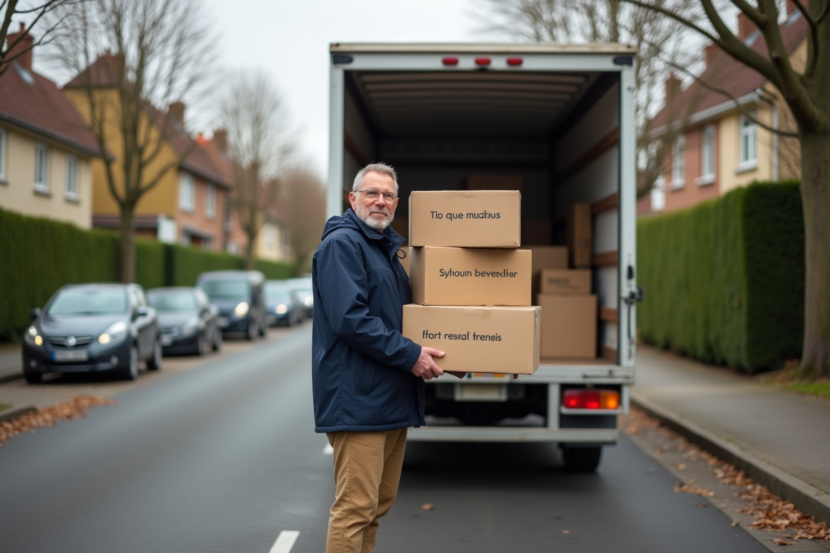 Homme dehors avec camion de déménagement et cartons marqués
