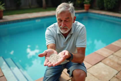 Homme examine pellets de filtration piscine en ext&eacute;rieur