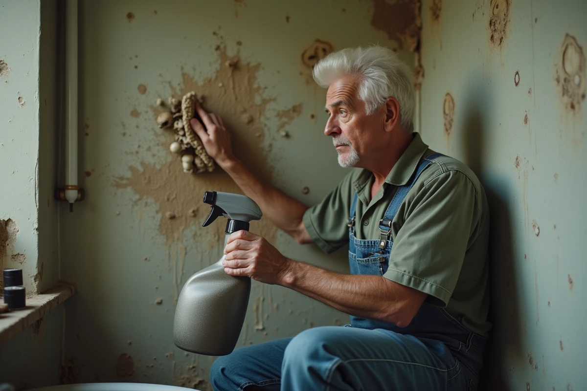 Homme appliquant un mauvais produit sur un mur moisi