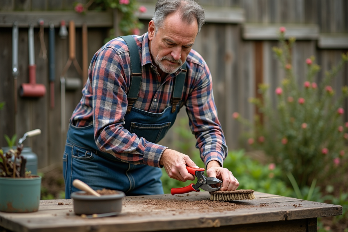 Homme d'âge moyen nettoyant des outils de jardinage