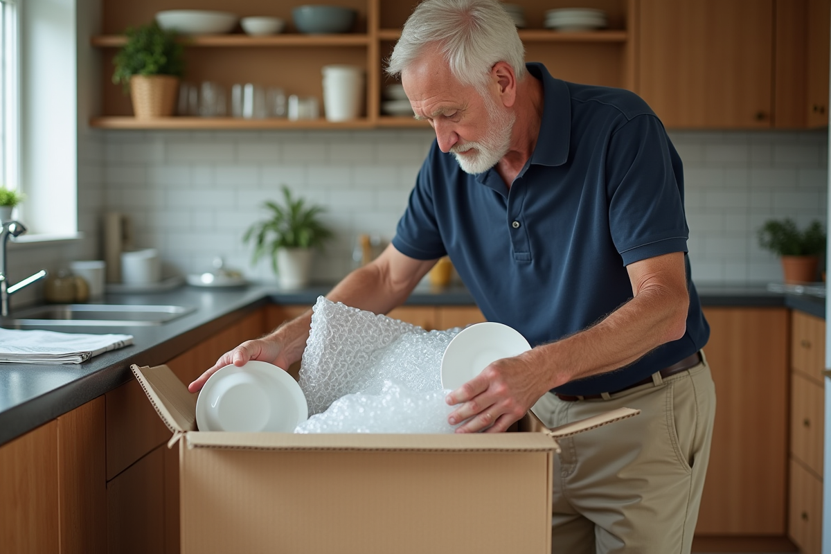 Homme âgé organisant la vaisselle dans une cuisine lumineuse