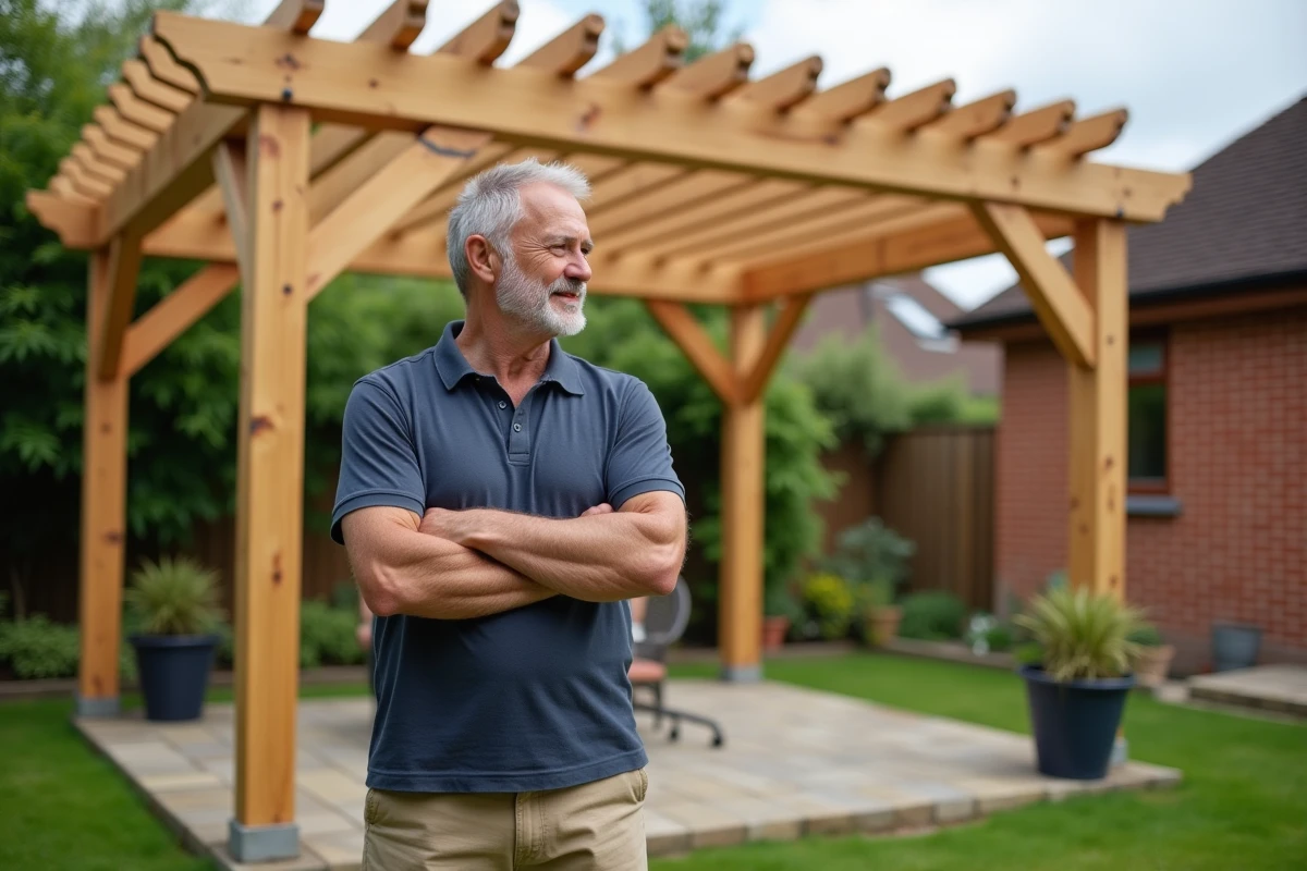 Homme admirant une pergola en bois terminée dans son jardin après un projet de bricolage réussi