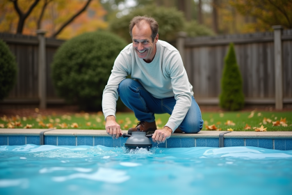 Homme d'âge moyen utilisant une pompe manuelle sur une piscine