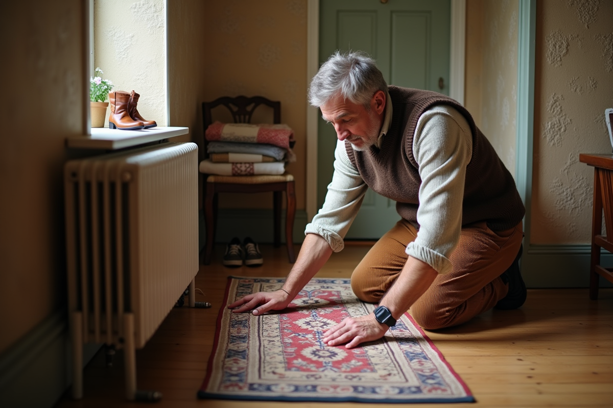 Homme ajustant un tapis près d’un radiateur dans un couloir cosy
