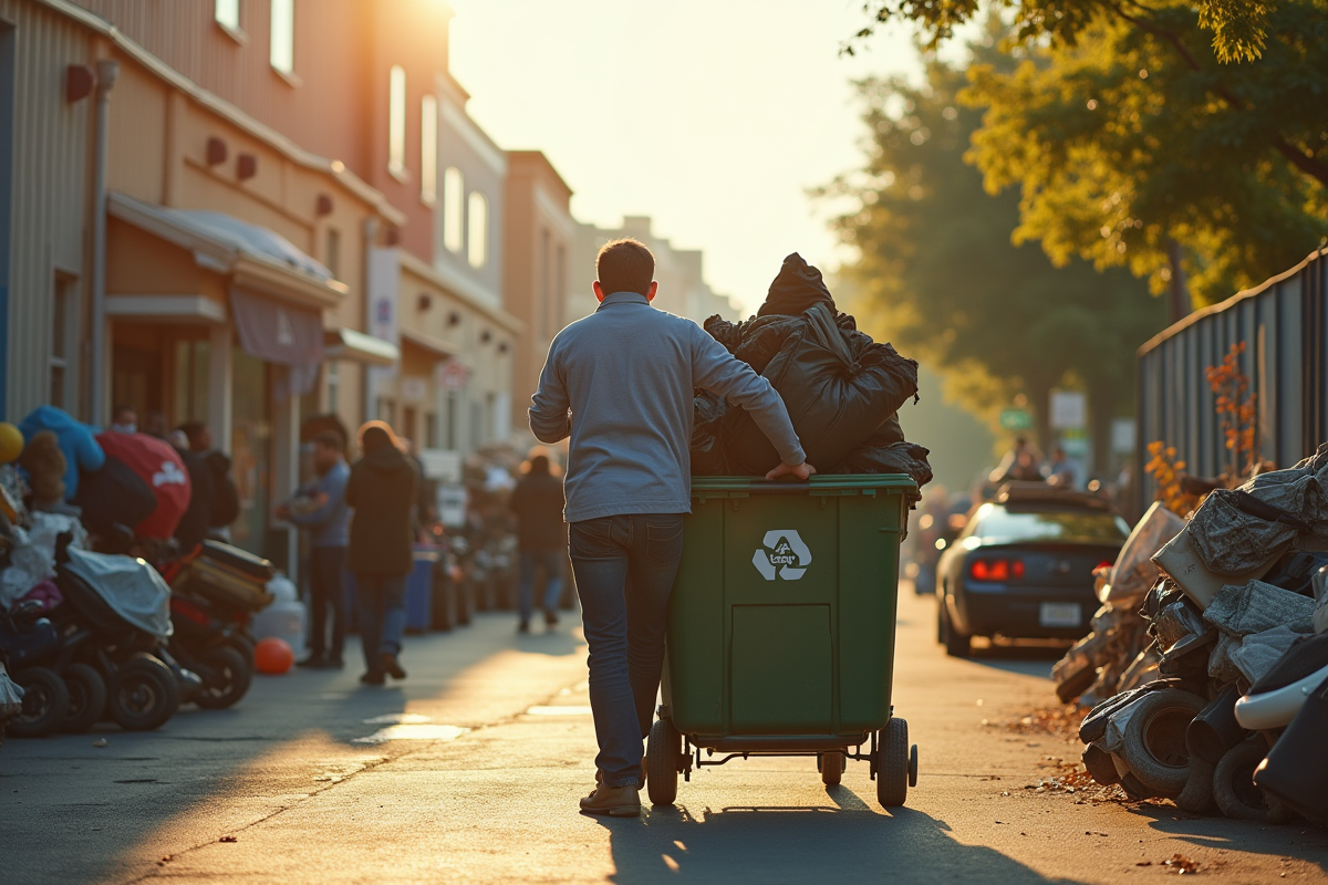 Homme transportant des objets encombrants vers un centre de recyclage