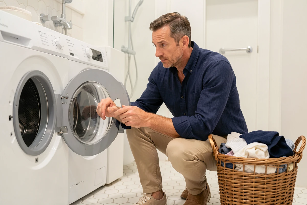 Homme examinant les réglages d'un lave-linge avec un panier de linge à côté, comprendre les symboles du programme de lavage